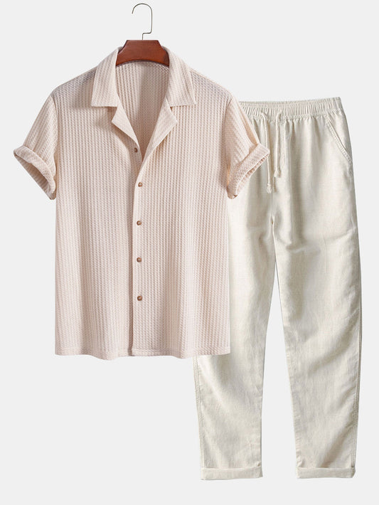 Short Sleeve Knitted Waffle Cuban Shirt & Straight Leg Linen Pants