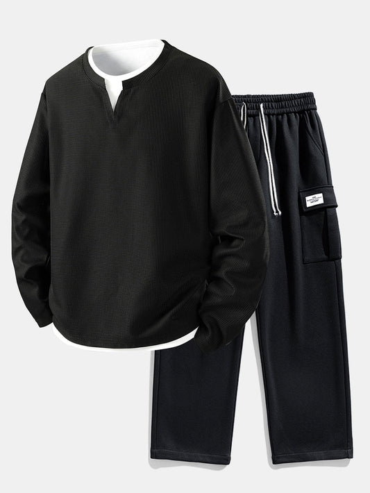 Relax Fit Long Sleeve 2 In 1 Waffle T-Shirt & Relax Fit Straight Leg Jersey Cargo Pants