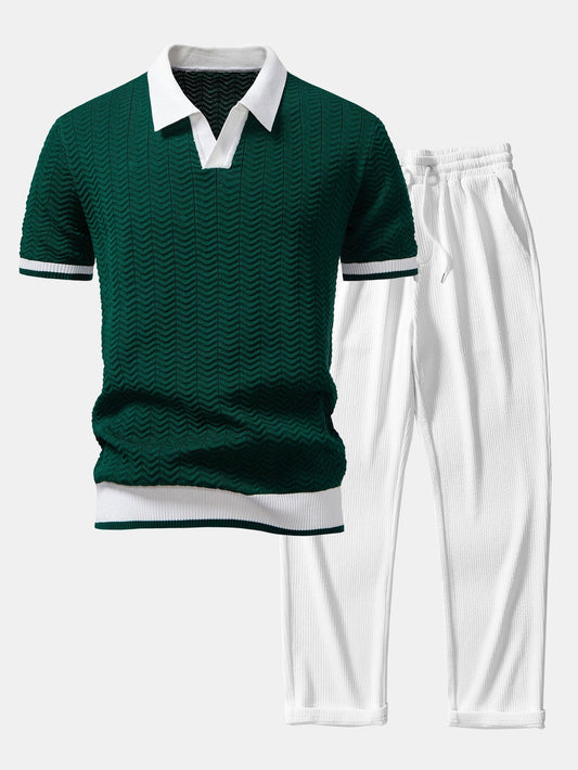 Texture Contrast Knitted V Neck Polo Shirt & Straight Leg Ribbed Pants