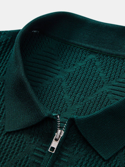 Rhombus Textured Zip Up Knitted Polo Shirt & Slim Fit Tapered Trousers