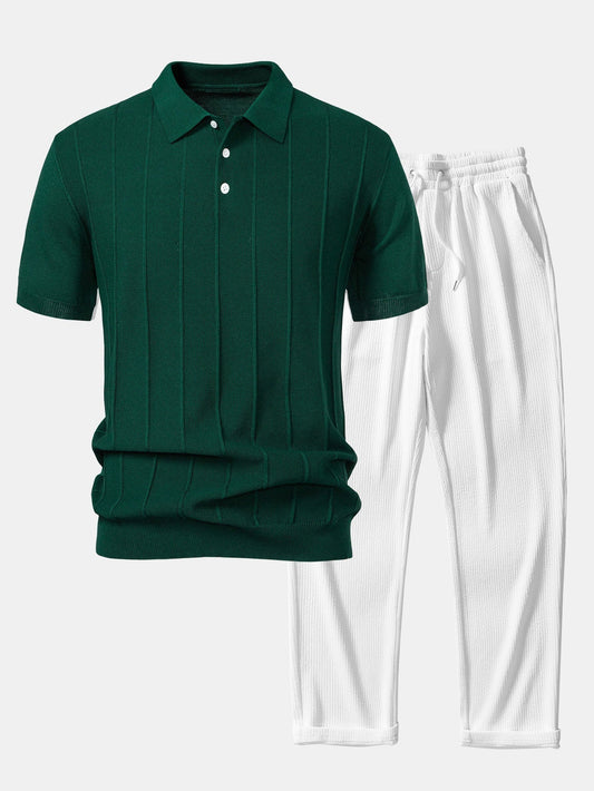 Stripe Jacquard Knit Polo Shirt & Straight Leg Ribbed Pants
