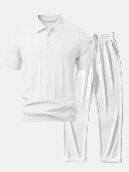 Stripe Jacquard Knit Polo Shirt & Straight Leg Ribbed Pants