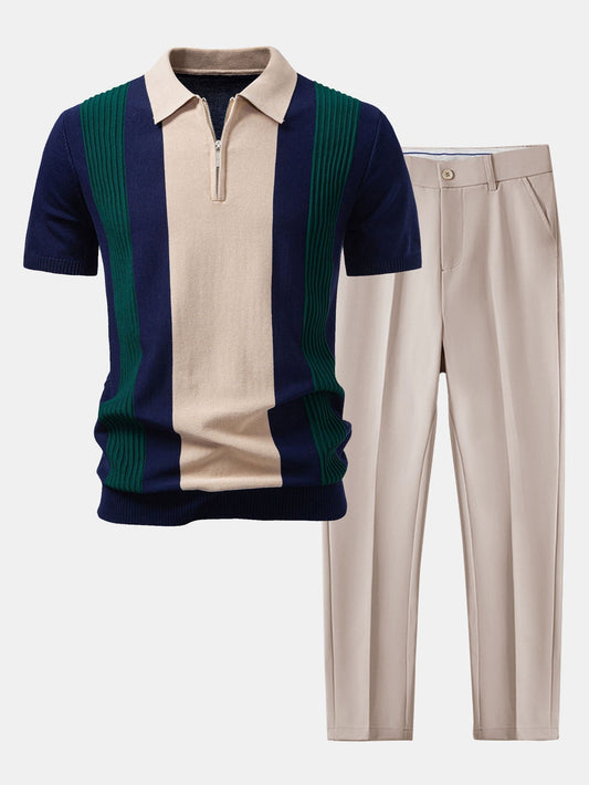 Textured Color Block Knit Polo & Slim Fit Tapered Trousers