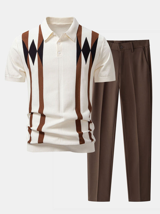 Stripe Geometric Jacquard Knitted Polo Shirt & Slim Fit Tapered Trousers