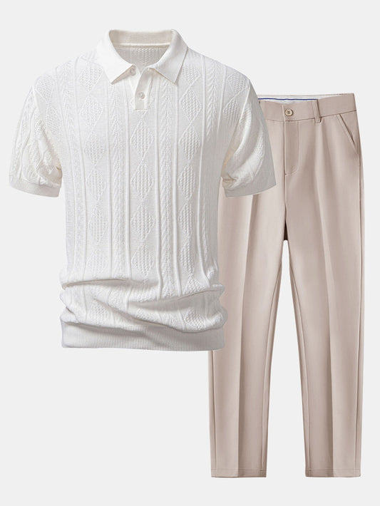 Geometric Jacquard Knitted Polo Shirt & Slim Fit Tapered Trousers