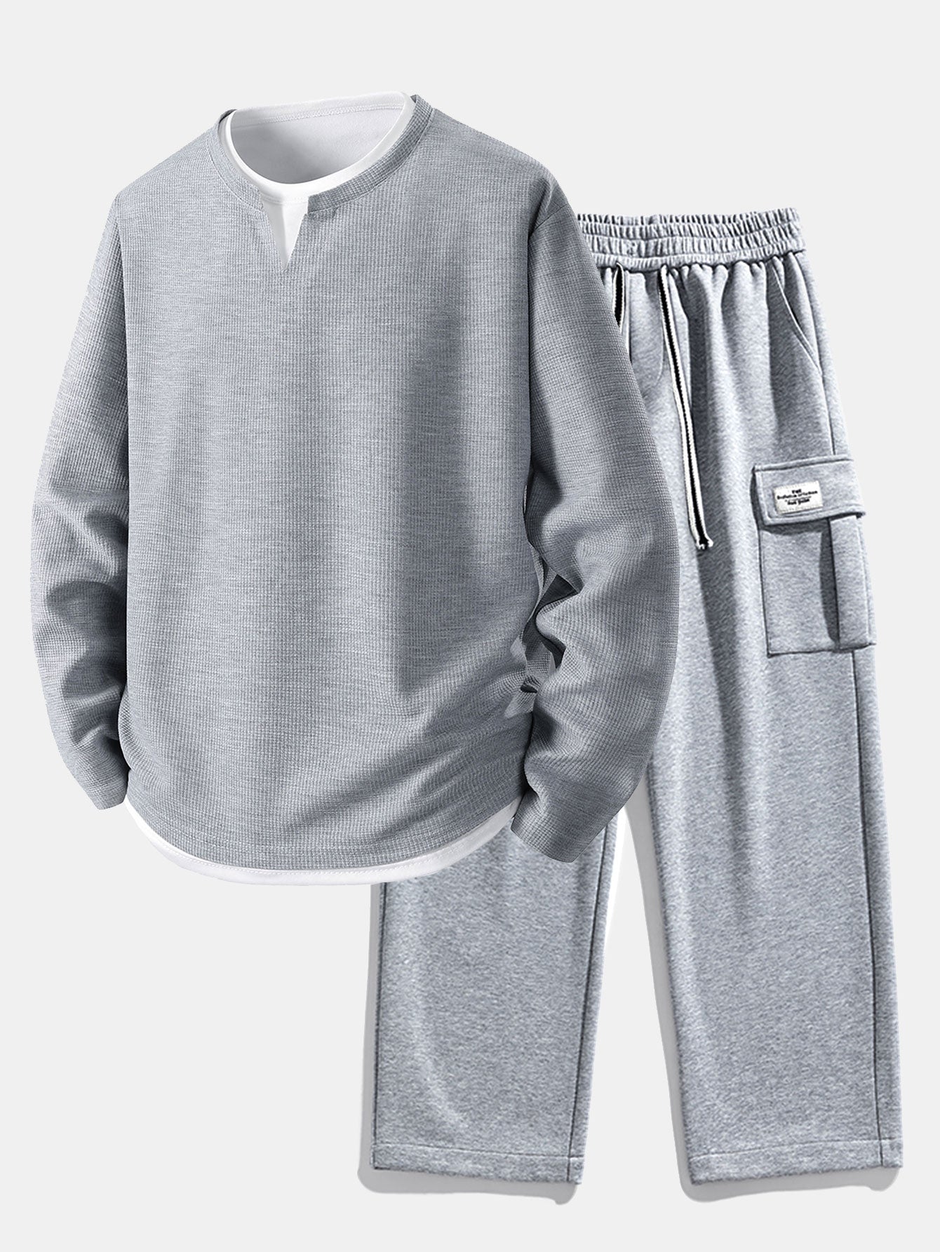 Relax Fit Long Sleeve 2 In 1 Waffle T-Shirt & Relax Fit Straight Leg Jersey Cargo Pants