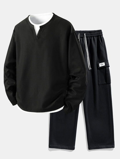 Relax Fit Long Sleeve 2 In 1 Waffle T-Shirt & Relax Fit Straight Leg Jersey Cargo Pants