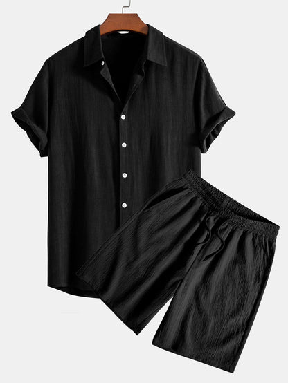 Linen Rayon Blend Button Up Shirt & Crinkled Textured Drawstring Shorts